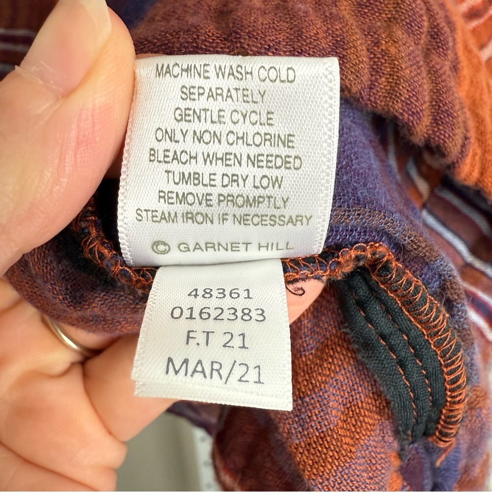 Garnet Hill‎ Organic Cotton Batwing Button Front Gauze Top Orange Purple Plaid 8 - Picture 8 of 8